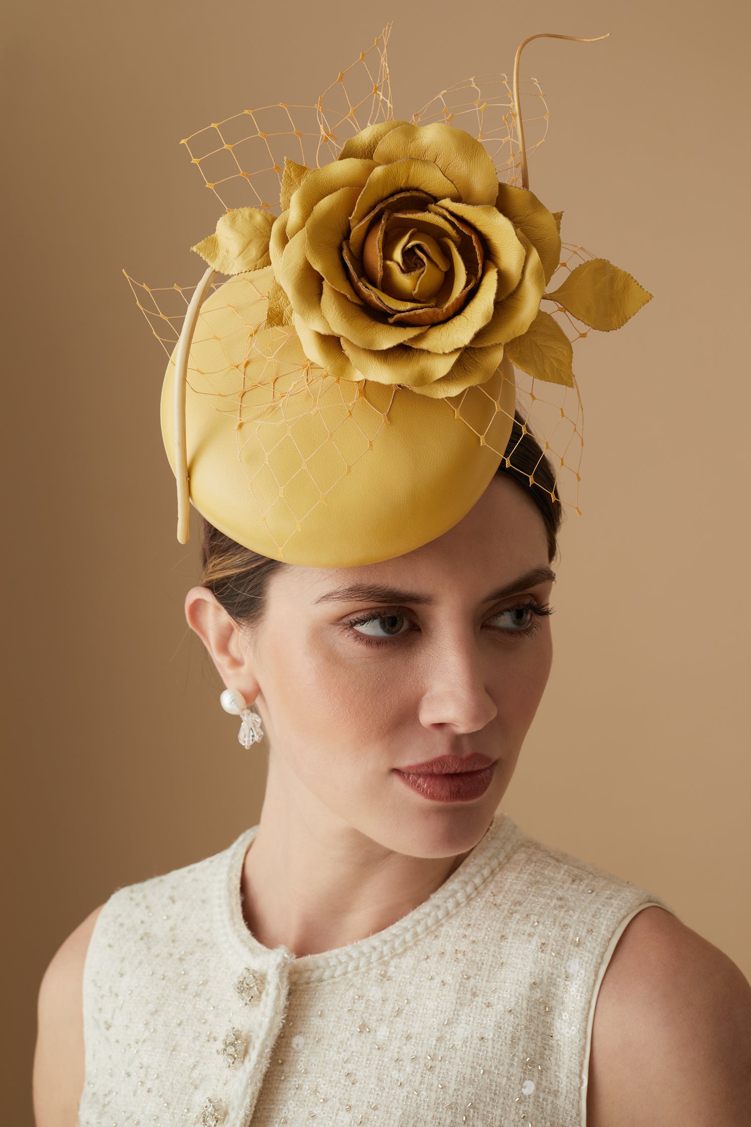 Rose Bud Yellow Leather Percher Hat